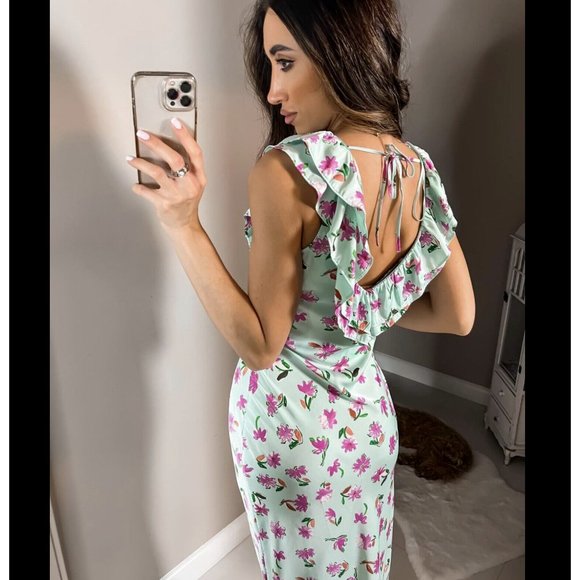 ZARA GREEN FLORAL PRINT SATIN MIDI DRESS WITH RUFFLE TRIMS SIZE S, NWT SS22 - Picture 4 of 10